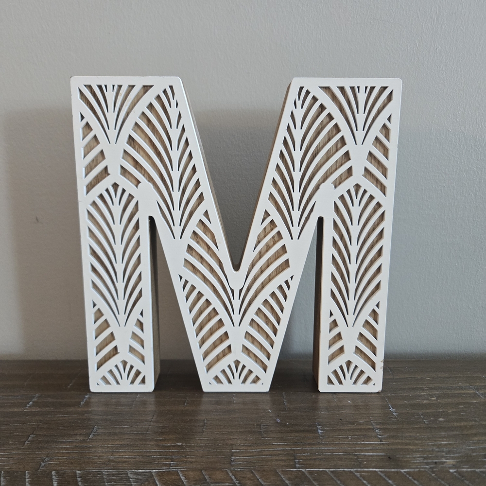 Decorative Letter M Wooden Cutout - White & Natural